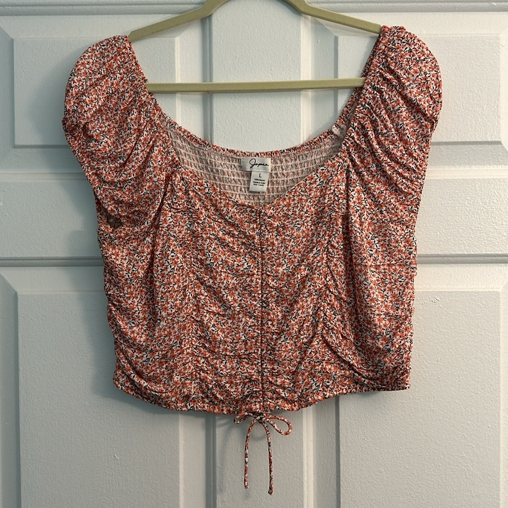 Japna Smocked Pink Floral Off the Shoulder Crop Top Large